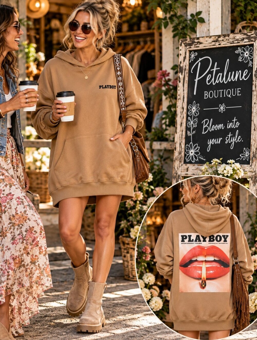 PLAYBOY Tan Hoodie Dress with Graphic Back